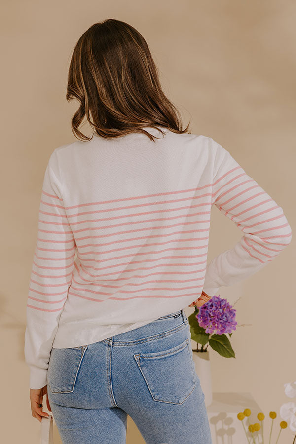 Striped Button Front Cardigan with Ribbed Cuffs and Crew Neckline