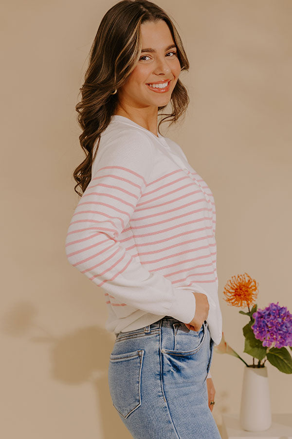 Striped Button Front Cardigan with Ribbed Cuffs and Crew Neckline