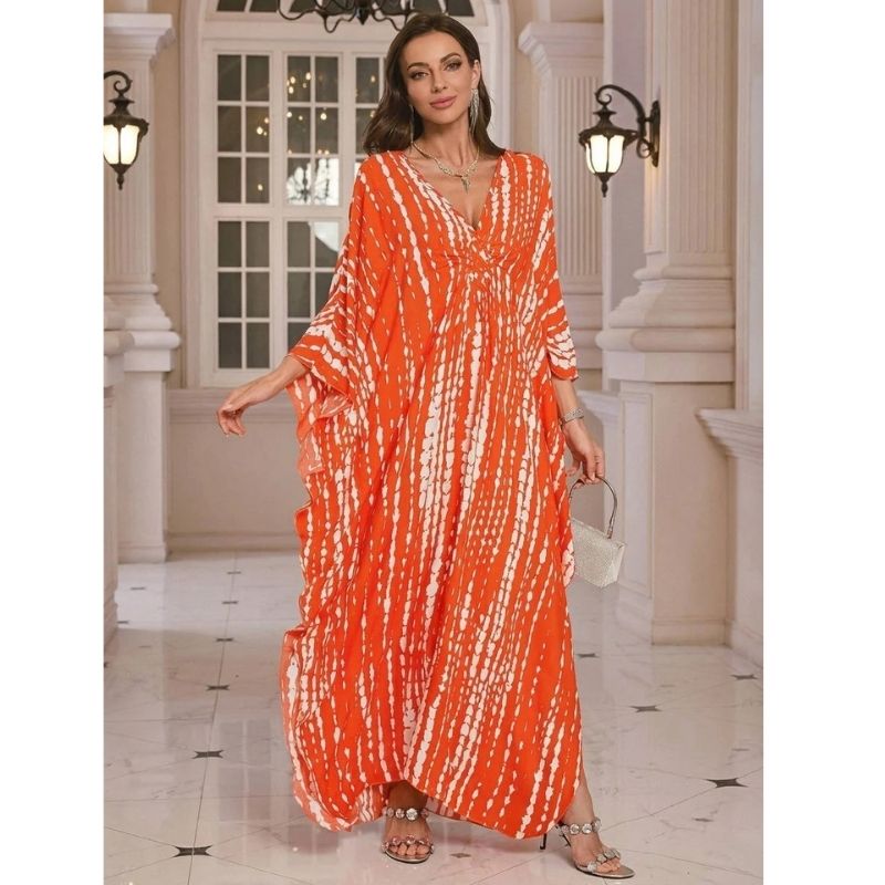 Moomoo Dresses for Women, Plus Size V Neck Batwing Sleeve Floral Kaftan Beach Cover Up Dress