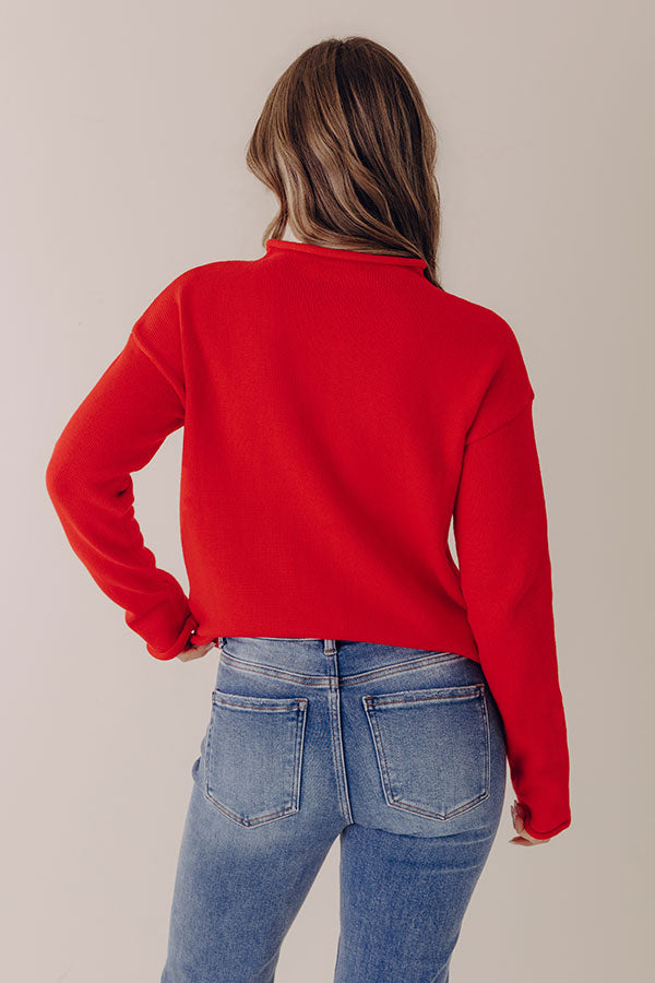 Red Knit Cardigan with Rolled Detailing and Button Front Closure