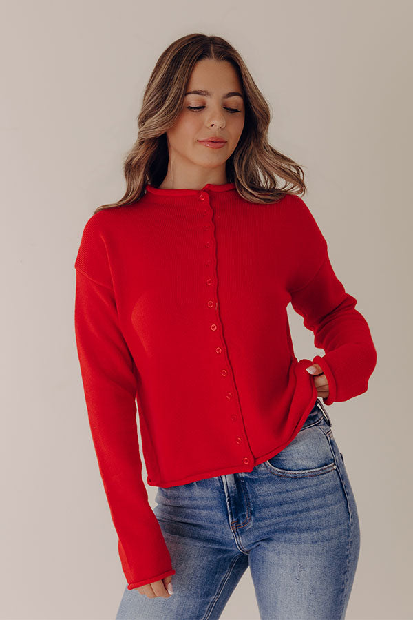 Red Knit Cardigan with Rolled Detailing and Button Front Closure