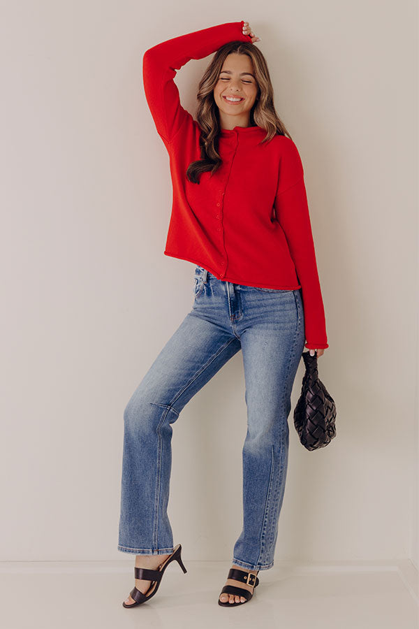 Red Knit Cardigan with Rolled Detailing and Button Front Closure