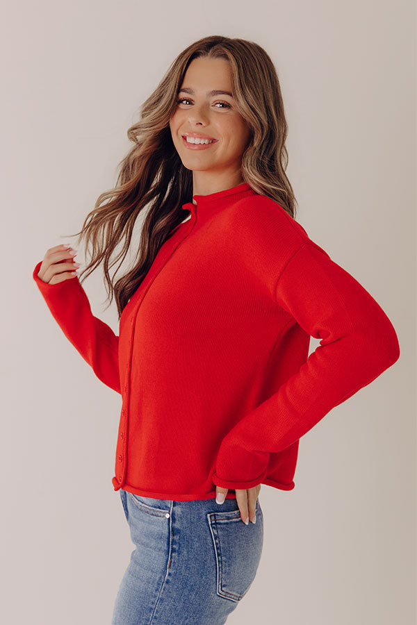 Red Knit Cardigan with Rolled Detailing and Button Front Closure
