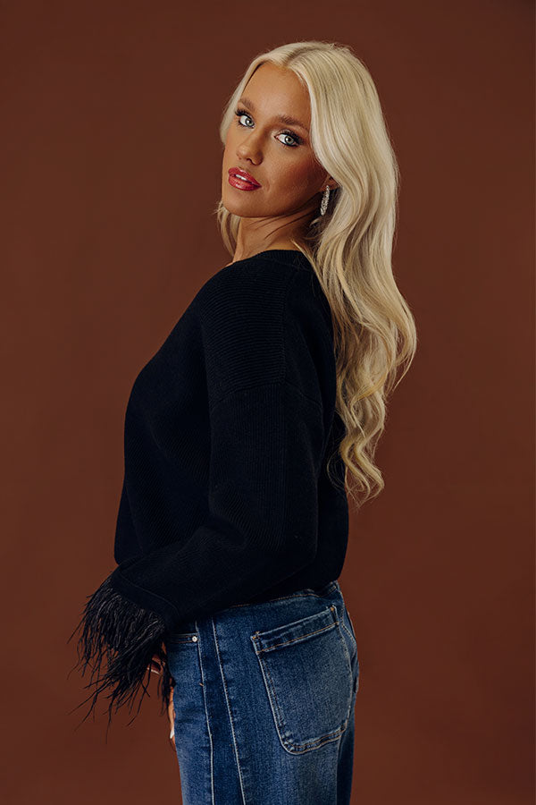 Ribbed Knit Cardigan with Feather Cuff and Rhinestone Buttons in Black