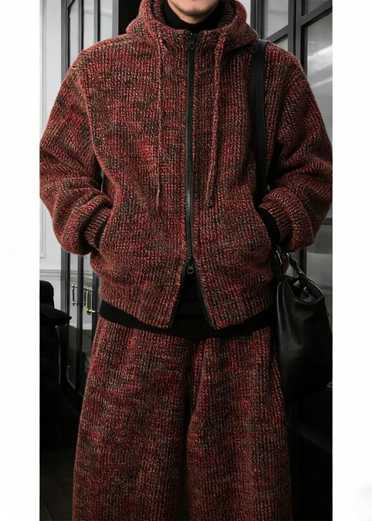 Textured Knit Hoodie and Wide Leg Pants Set with Mixed Color Yarn