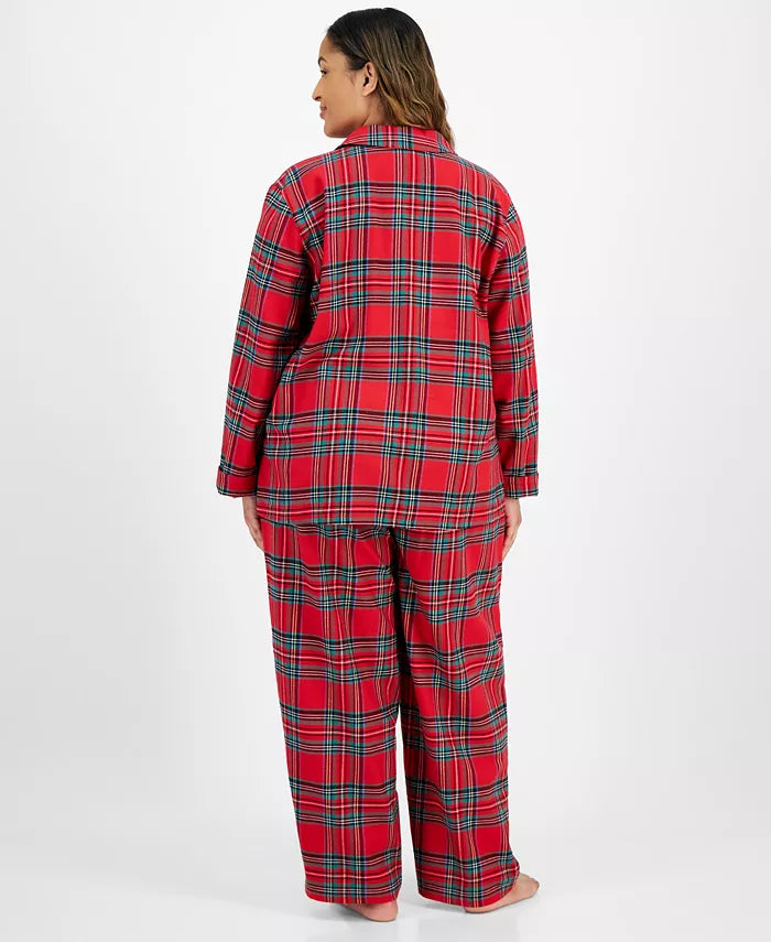 Plaid Flannel Pajama Set with Button Front Top and Drawstring Pants
