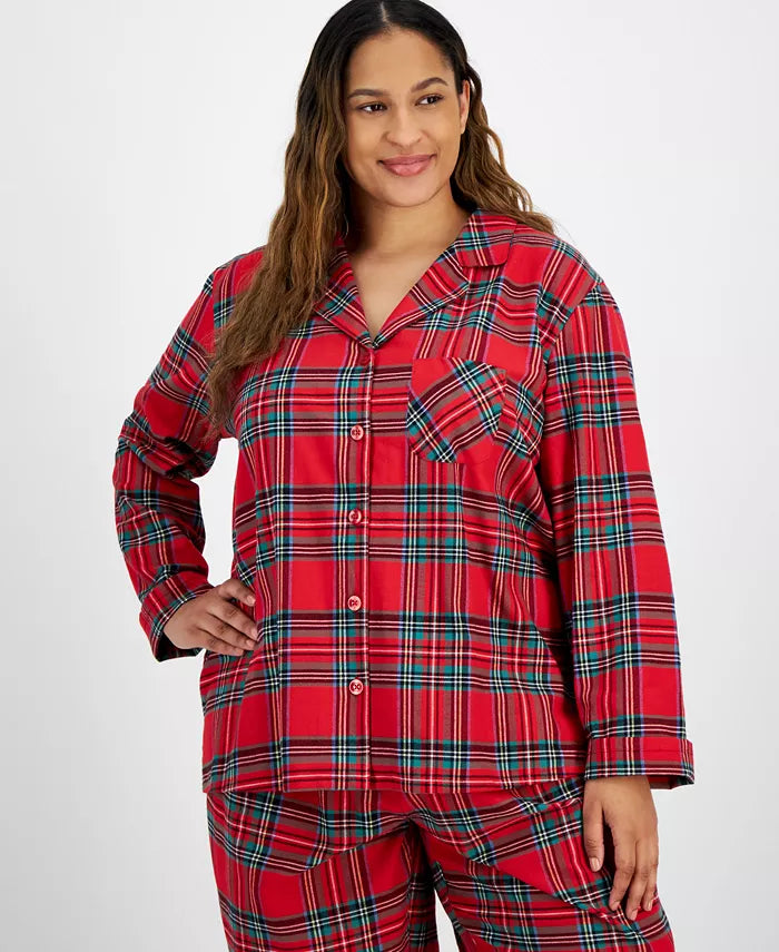 Plaid Flannel Pajama Set with Button Front Top and Drawstring Pants