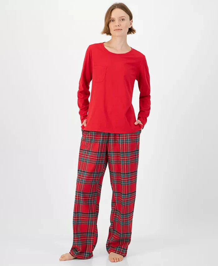 Plaid Pajama Set with Long Sleeves and Drawstring Pants, Hip Pockets