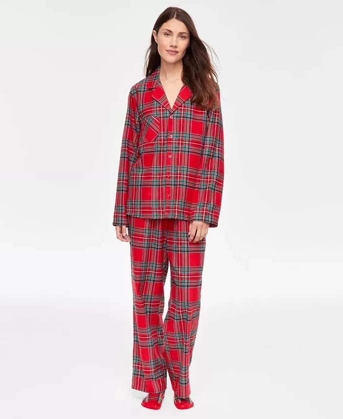 Plaid Flannel Pajama Set with Button Front and Notched Collar, Machine Washable