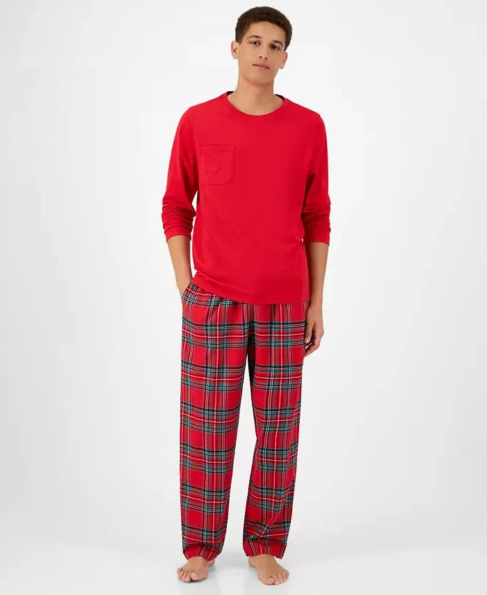 Cotton Flannel Pajama Set with Plaid Design and Elastic Drawstring, Side Pockets