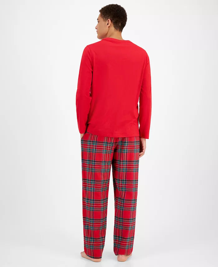 Cotton Flannel Pajama Set with Plaid Design and Elastic Drawstring, Side Pockets