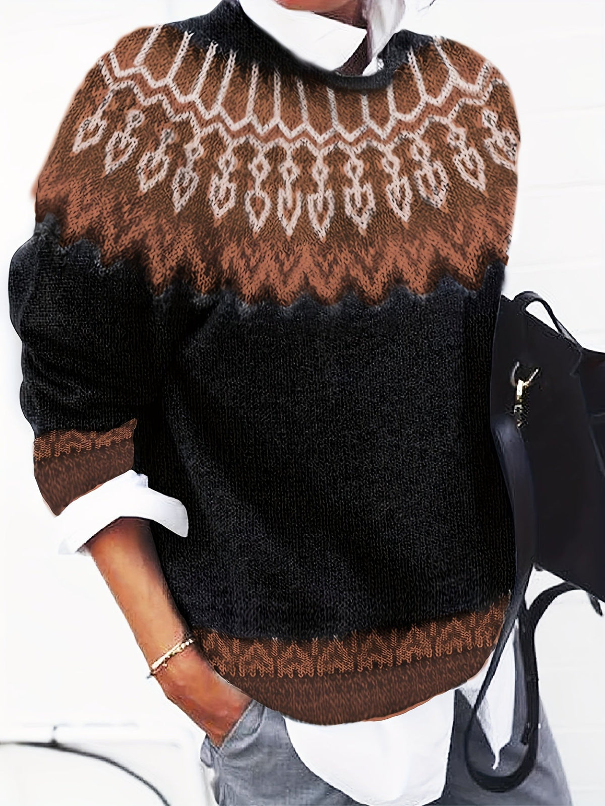 Chunky Jacquard Knit Sweater with Round Neck and Ribbed Cuffs, Hip Length