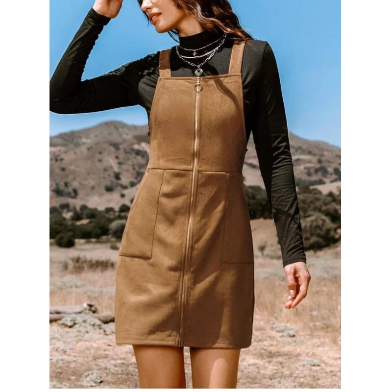 Womens Faux Suede Mini Fall Dress, Square Neck Wide Strap Casual Autumn Dress with Front Pockets