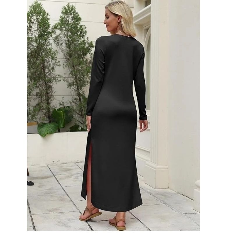 Women’s Long Sleeve Casual Maxi Work Dress, Loose Fit Split Style