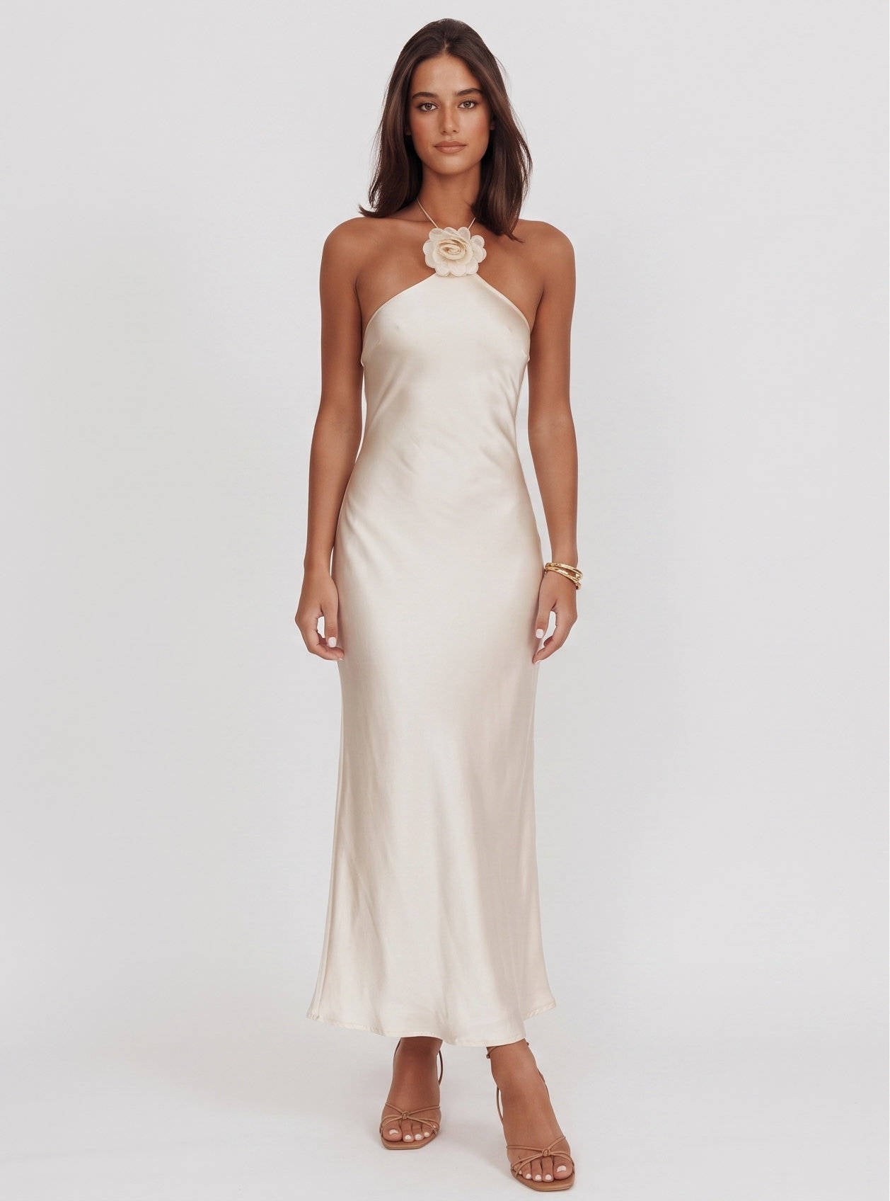 Womens Satin Halter Maxi Dress, Backless Sleeveless Wedding Guest Formal Dress