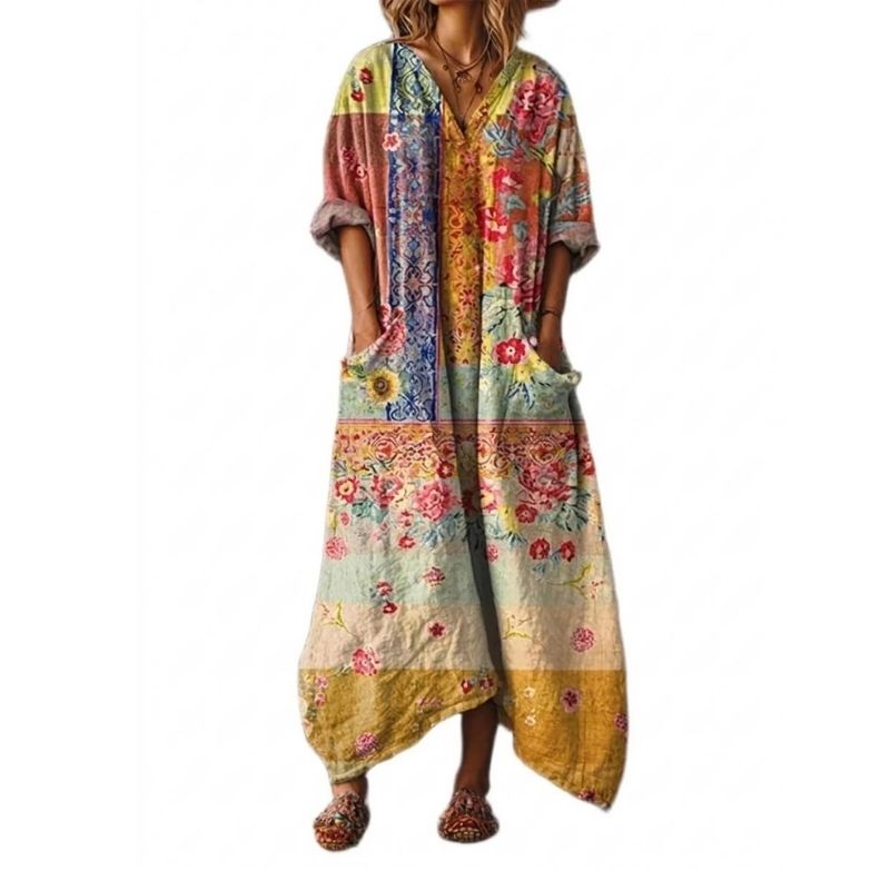 Womens Cotton Maxi Dress, Boho Print Front Pocket Casual Summer Dress