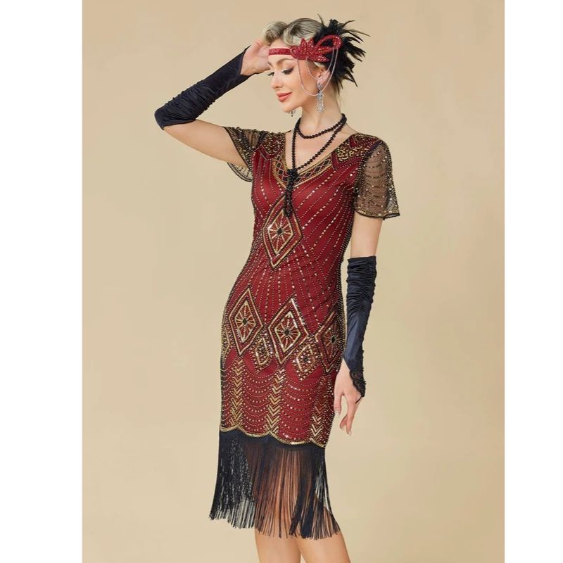 Womens Flapper 1920s Dress, Great Gatsby Roaring 20s Costume, Beaded Sheer Sleeves with Accessories