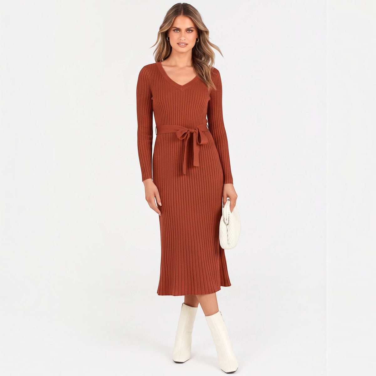 Womens Fall Cable Knit Midi Dress, Long Sleeve V Neck Sweater Dress, 2026 Seasonal Outfit
