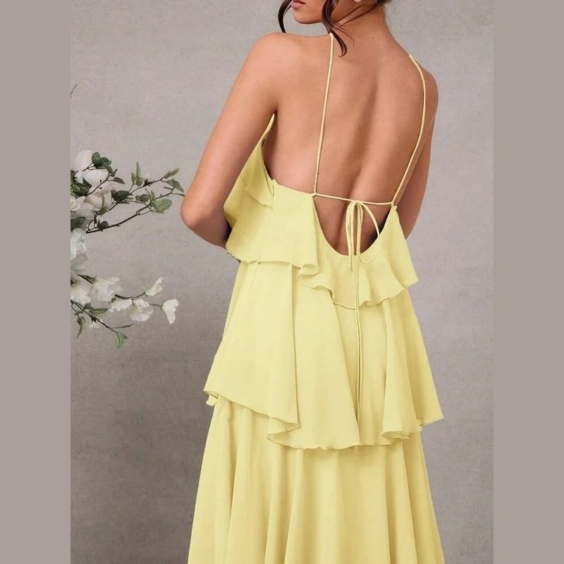 Womens Halter Backless Maxi Dress, Ruffle Layered Wedding Guest and Formal Dress
