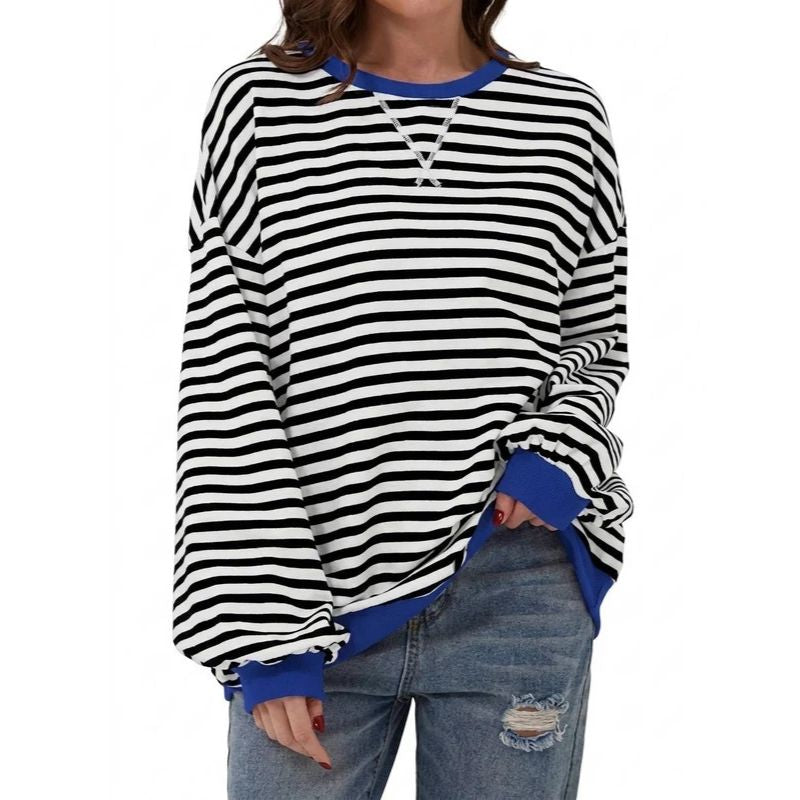 Womens Oversized Striped Crewneck Sweatshirt - Long Sleeve Pullover