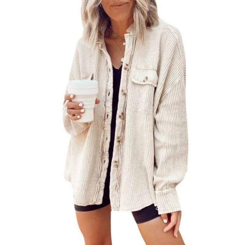 Oversized Waffle Knit Shirt Women Fall Shacket, Corduroy Long Sleeve Button Down Shirt Jacket