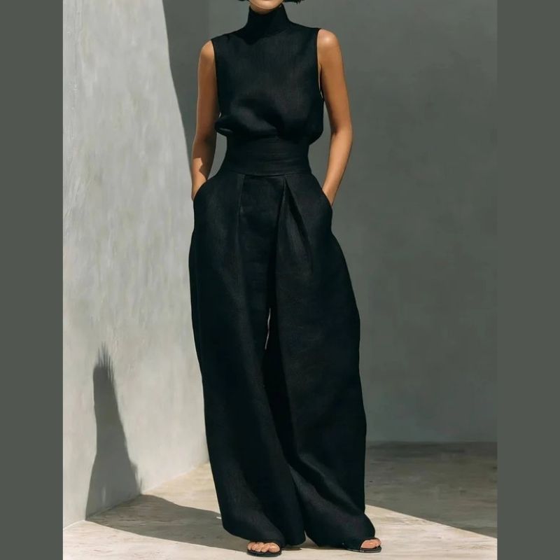 Womens Minimalist Linen Two Piece Set, Elegant Mock Neck Sleeveless Top and Wide Leg Pants Outfit, Vintage Casual Matching Suit