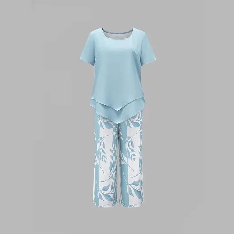 Womens Leaf Print Two Piece Set, Casual Short Sleeve Asymmetric Top and Wide Leg Pants Outfits, Elegant Summer Matching Suit