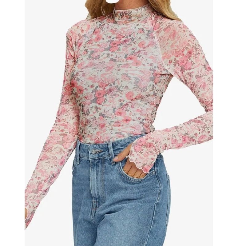 Womens Floral Lace Sheer Mesh Top - Slim Fit Lightweight Long Sleeve Top