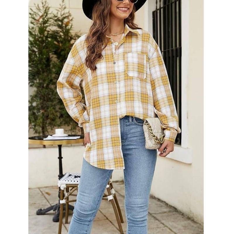 Womens Flannel Plaid Soft Flannel Button Down Shirt, Roll Up Long Sleeve Plaid Blouse