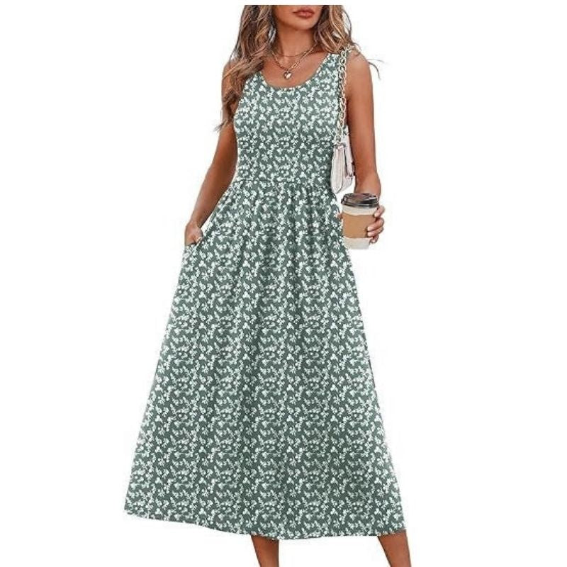 Womens Flowy Midi Dress, Casual Beach Vacation Sundress with Pockets