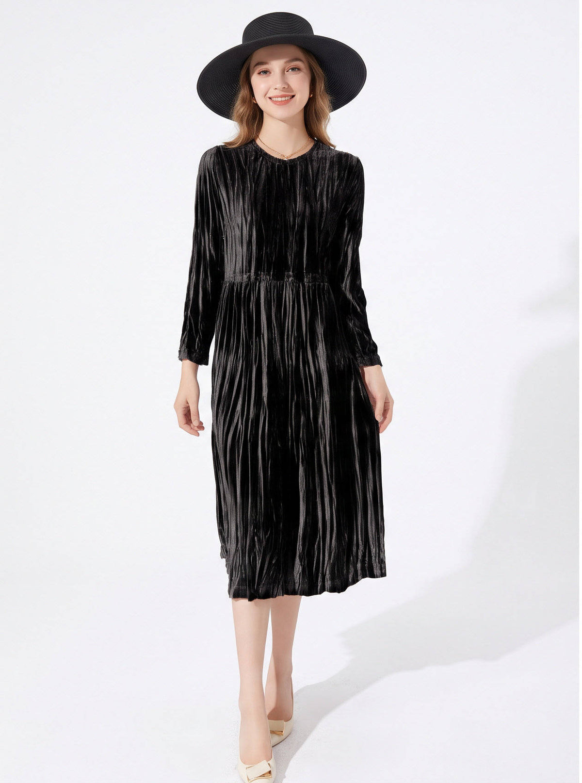 Velvet Dresses for Women, Vintage Style Long Sleeve Cinched Waist Pleated Dress for Fall and Winter