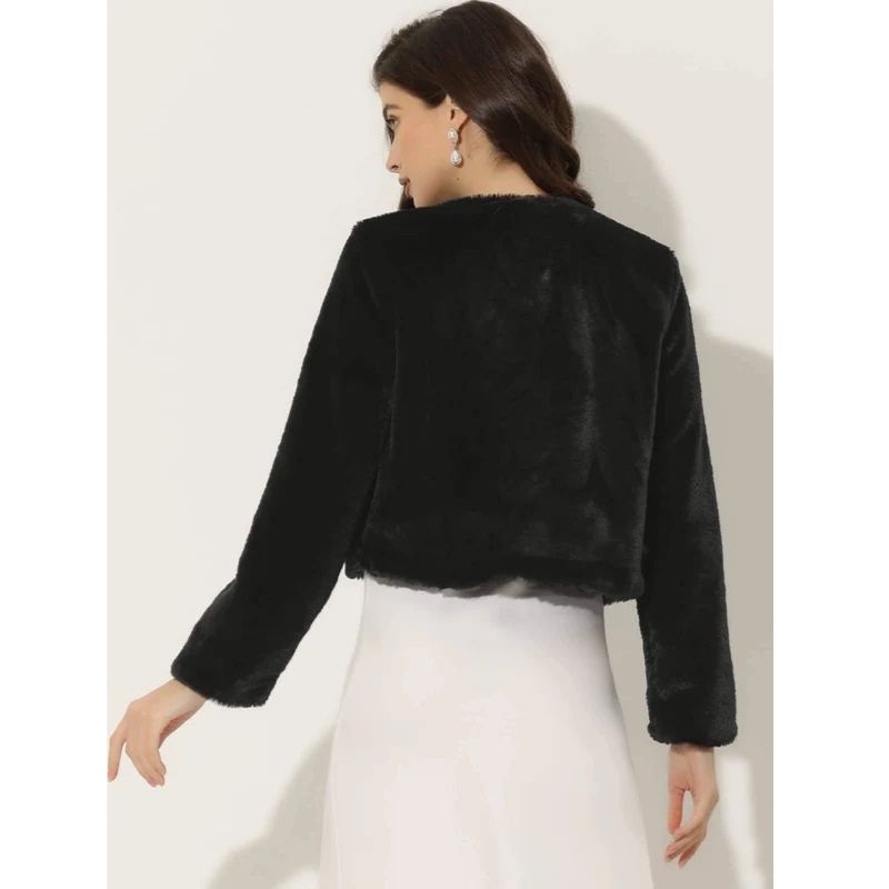 Womens Cropped Faux Fur Jacket, Long Sleeve Wedding Bolero Coat