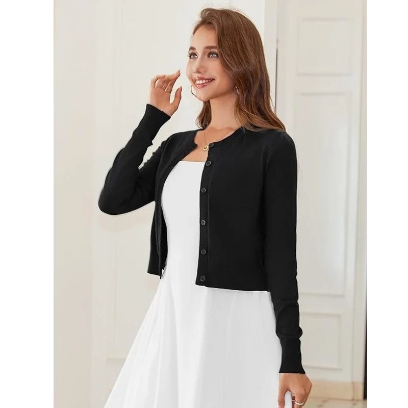 Cropped Cardigan Bolero Shrug for Women, Button Down Long Sleeve Knit Sweater for Dresses and Jeans