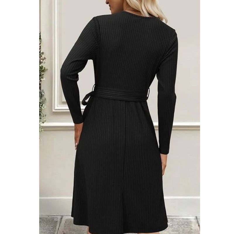 Women’s Fall Knit Midi Sweater Dress with Belt and Pockets