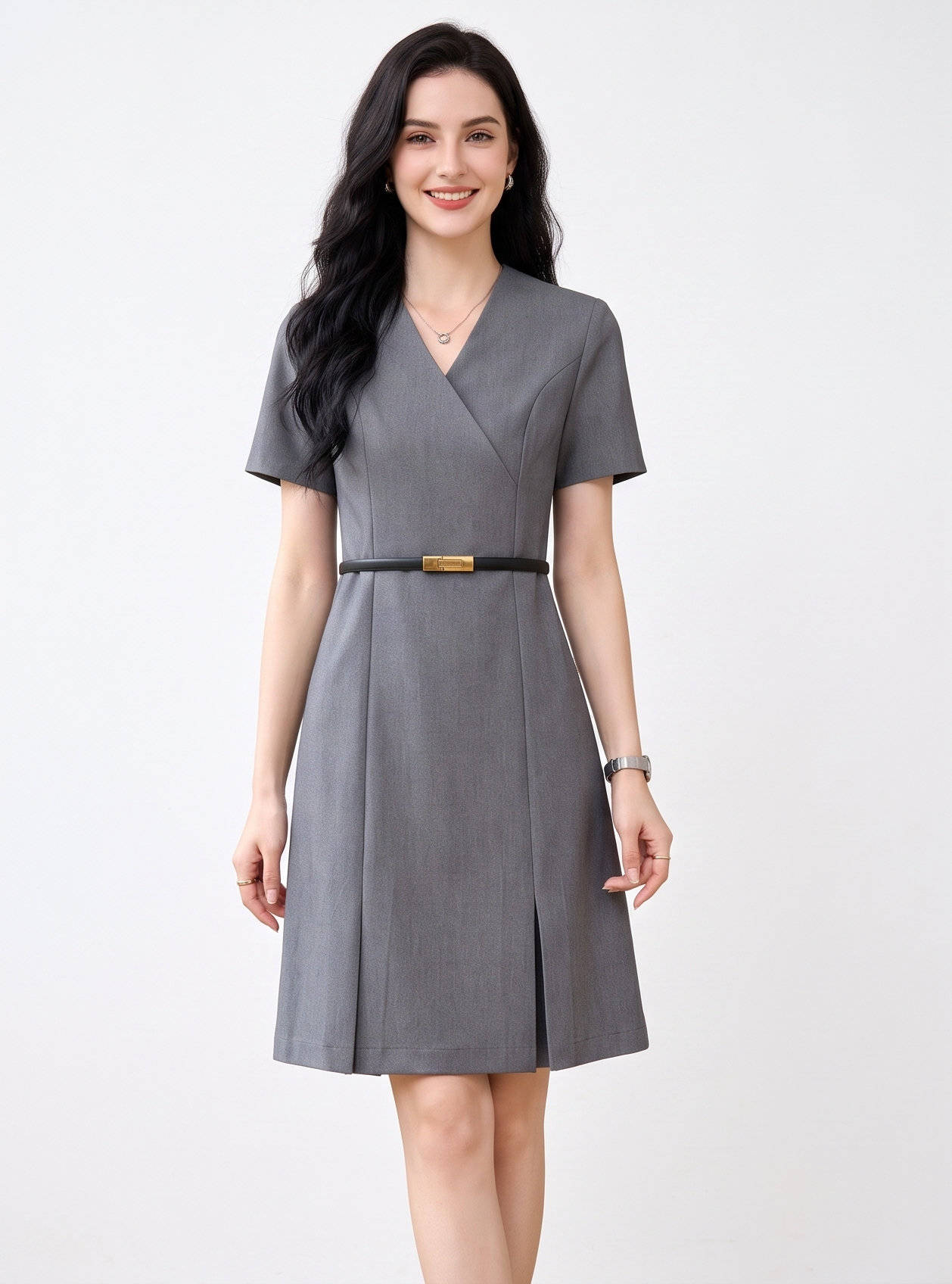 Women's A Line Work Dress, Short Sleeve V Neck Sheath Dress, Professional Business Casual Career Outfit