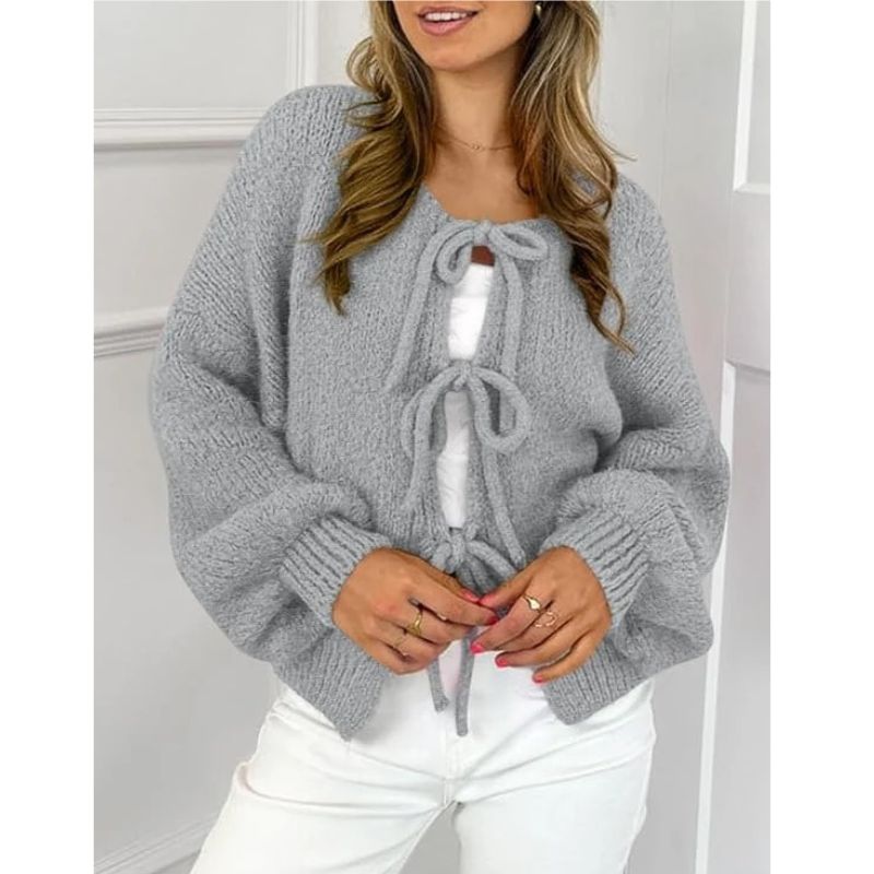 Womens Tie Front Bow Cardigan Sweater, Cozy Chunky Knit Long Puff Sleeve Open Front Sweater Jacket