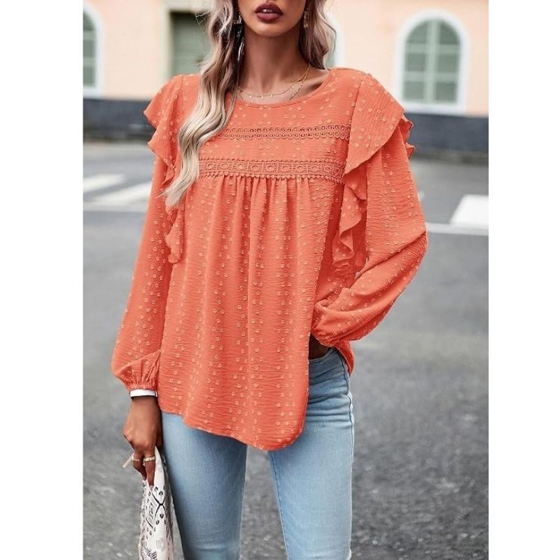 Womens Long Sleeve Shirts, Ruffle Swiss Dot Crochet Loose Fit Tunic, Dressy Casual Tops Blouse, Spring Fashion