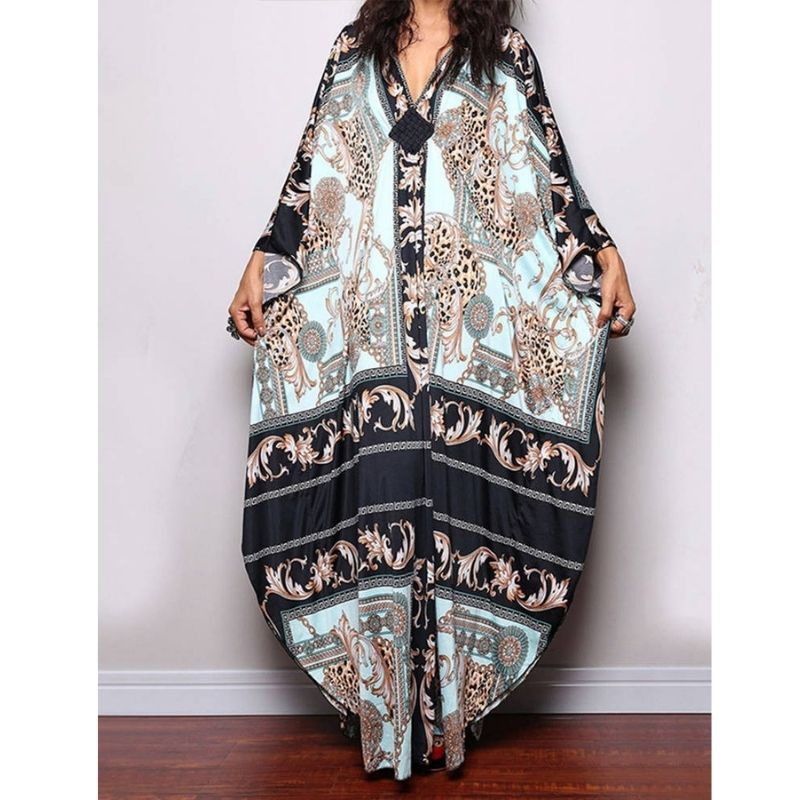 Moomoo Dresses for Women, Plus Size Ethnic Print Kaftan Dress, Mrs. Roper Bubu Mumu Boho Swimsuit Cover Up