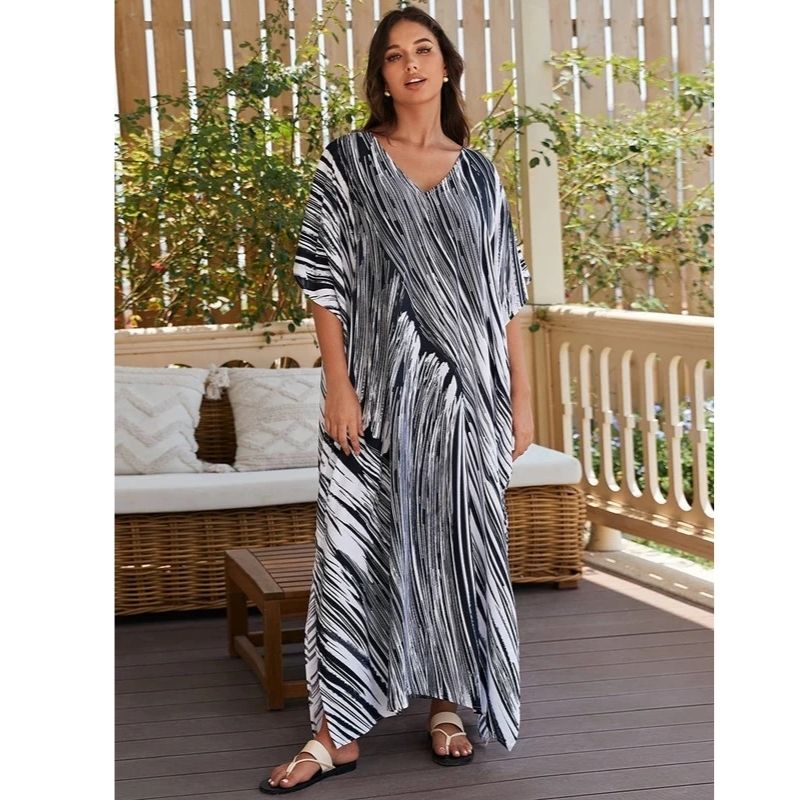 Moomoo Dresses for Women, Plus Size Loose Fit Moroccan Print V Neck Batwing Kaftan Beach Dress