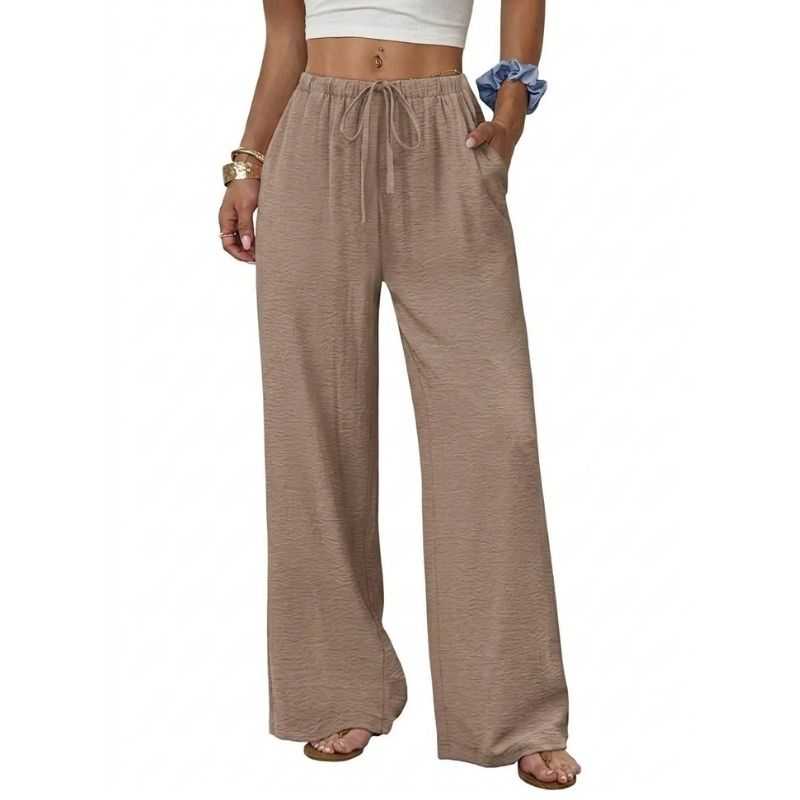 Womens Wide Leg Palazzo Pants, Flowy Drawstring Elastic Waist Trousers with Pockets for Summer, Beach and Vacation Wear