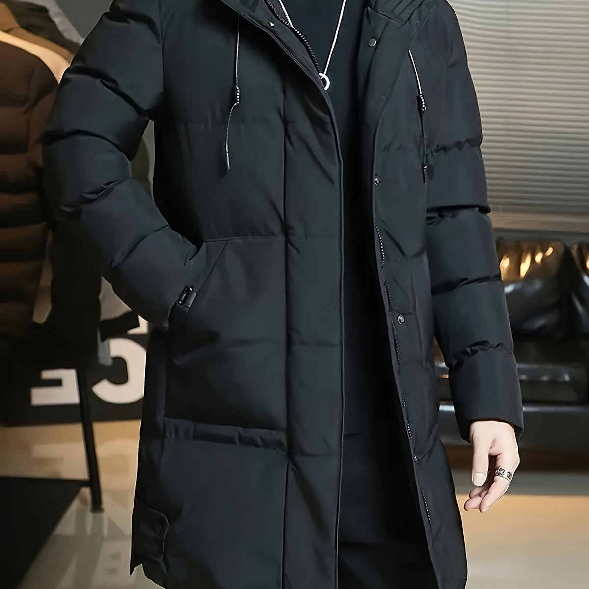 Insulated Longline Hooded Coat with Full-Length Zipper and Adjustable Hood