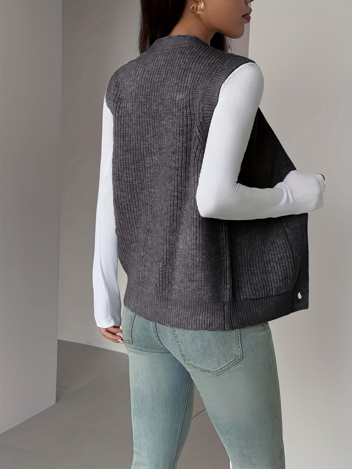Buttoned V-Neck Knit Vest with Front Pockets and Relaxed Fit