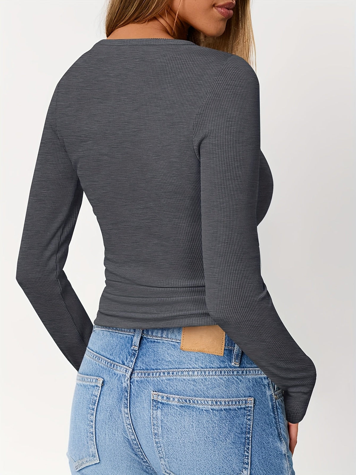 Ribbed Henley Top with Button Neckline and Long Sleeves, Close Fitting