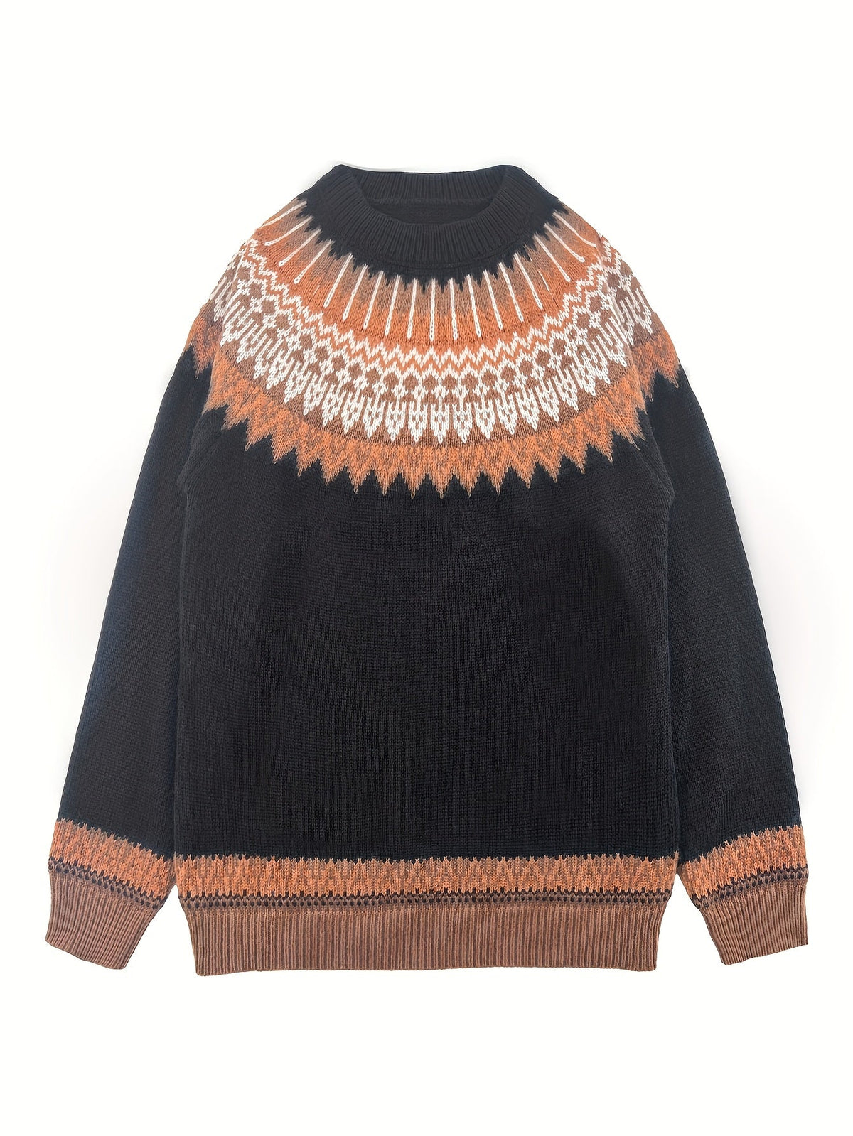 Chunky Jacquard Knit Sweater with Round Neck and Ribbed Cuffs, Hip Length