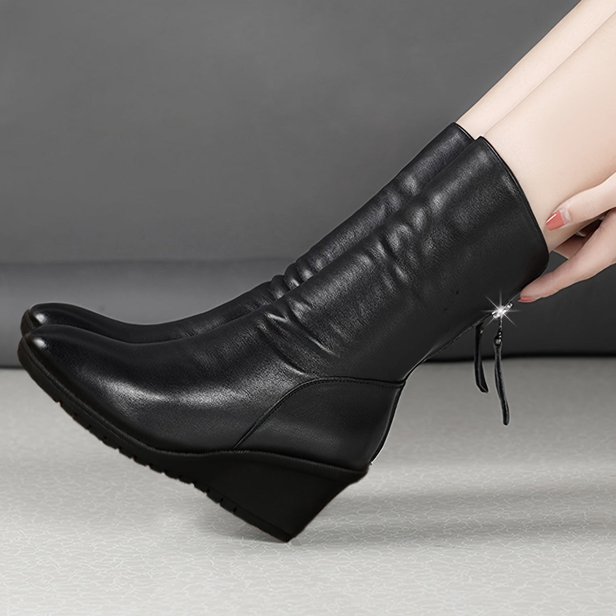 Mid Calf Wedge Boots with Side Zip Closure and Stable Walking Base