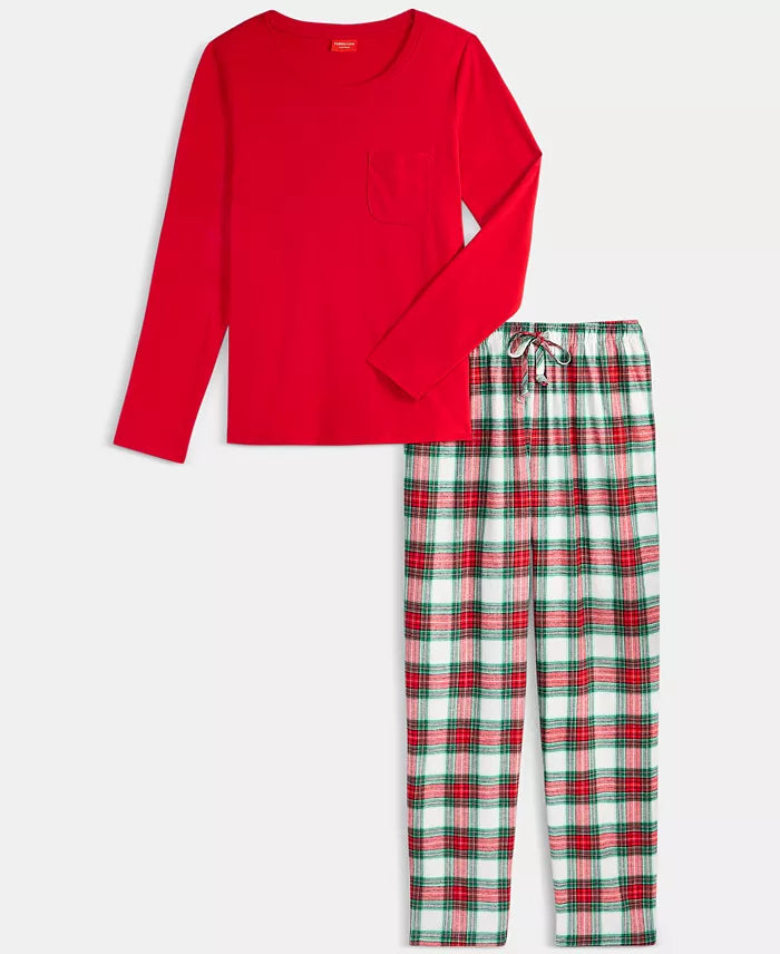 Womens Plaid Flannel Pajamas with Crew Neck Top and Drawstring Pants