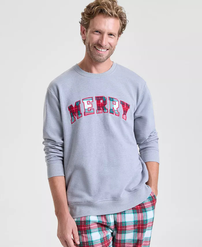Plaid Appliqué Pullover Sweatshirt with Merry Design and Long Sleeves, Hip Length