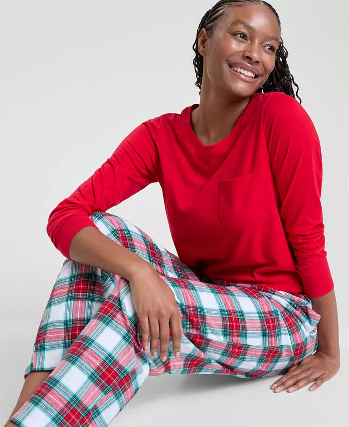 Womens Plaid Flannel Pajamas with Crew Neck Top and Drawstring Pants
