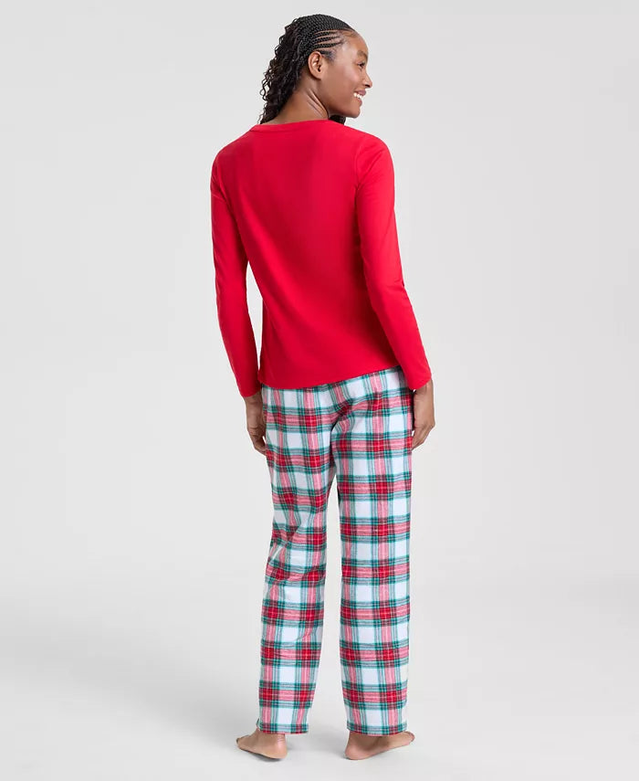 Womens Plaid Flannel Pajamas with Crew Neck Top and Drawstring Pants