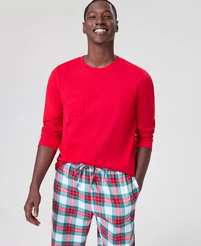 Plaid Flannel Pajama Set with Crew Neck Top and Drawstring Pants, Side Pockets